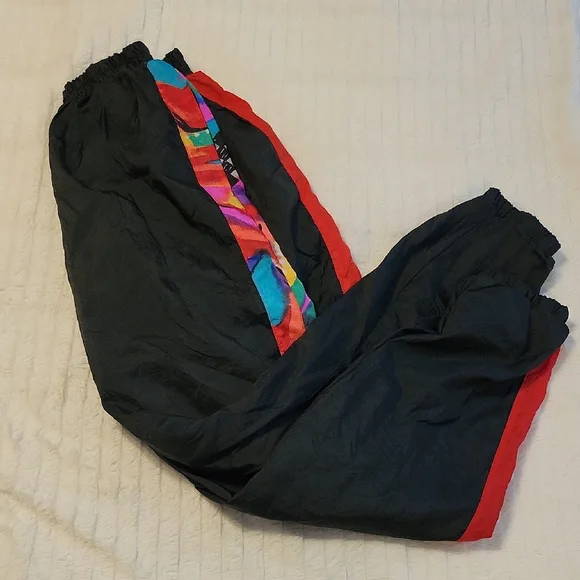 VINTAGE LONDON FOG Girl's Colorful Black Track Pants 80s 90s Vaporwave - Picture 1 of 15